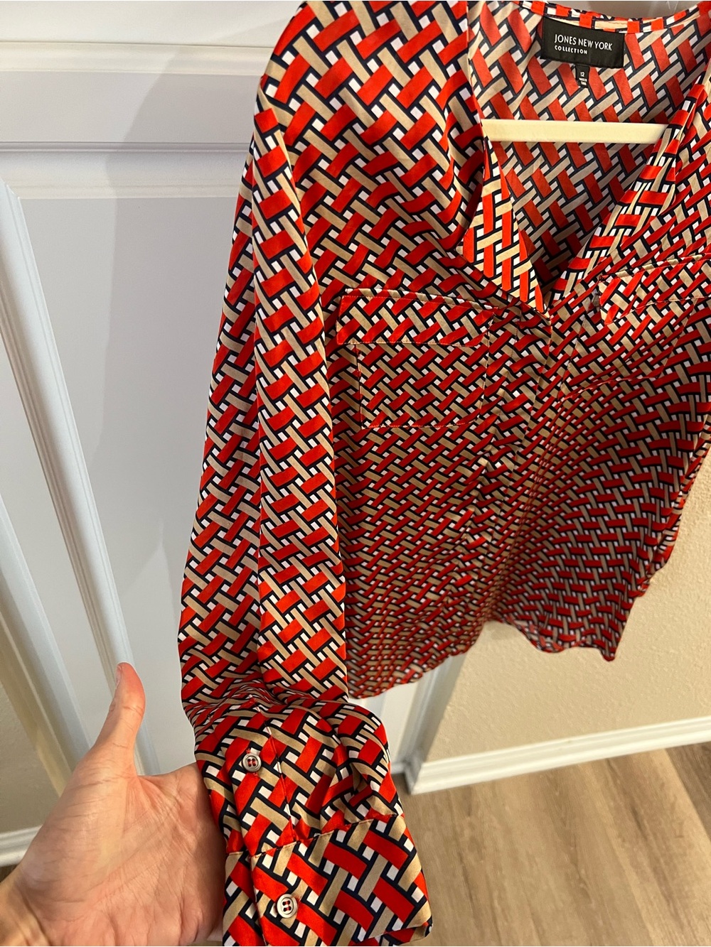 Jones New York Red, Navy & Cream Geometric Blouse - Picture 2 of 4